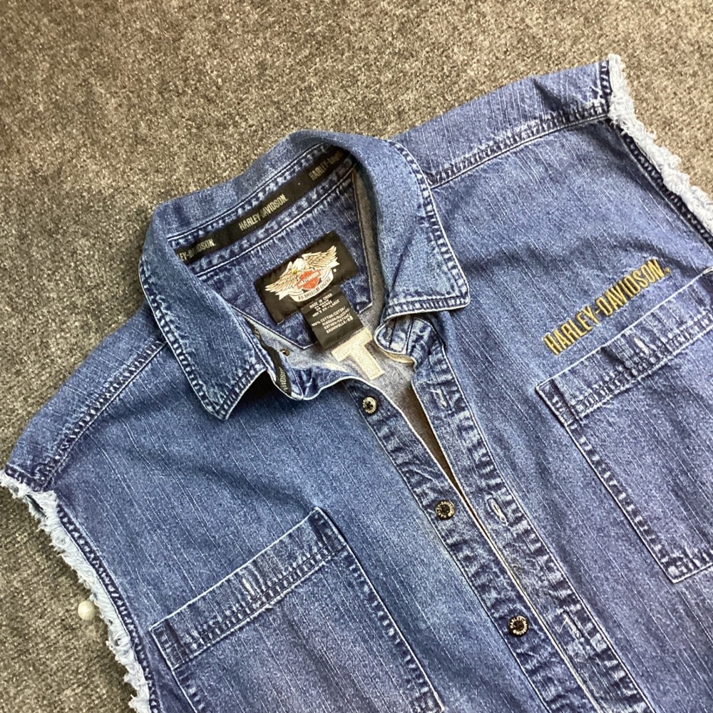 Harley-Davidson Mens XXL Blue Denim Sleeveless Shirt Biker Vest Embroidered 177